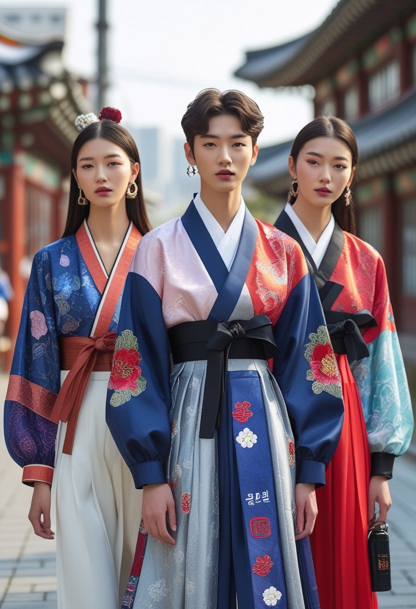 A group of young Korean models wearing modern outfits inspired by traditional Korean clothing, posing outdoors in an urban environment.